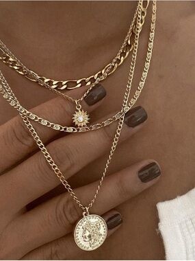 Gold Layered Sun & Coin Pendant Necklace Set stainless steel waterproof